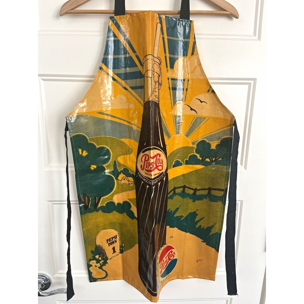 Vintage 70s Pepsi Cola Bottle Apron Sari Fabrics Made In England PVC Pepsi Town